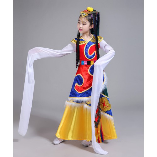 Kids china ancient folk dance costumes for girls drama film cosplay national Mongolian traditional minority stage performance robes dresses